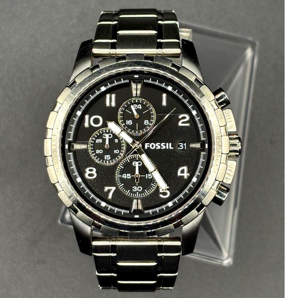 Fossil Dean FS4542 Black Chronograph Silver Tone Stainless Steel Watch 45mm